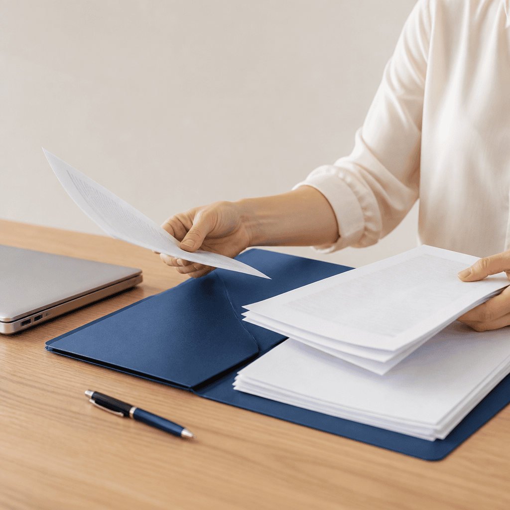Mãos organizando documentos pessoais e cópias sobre a mesa para a validação do certificado digital