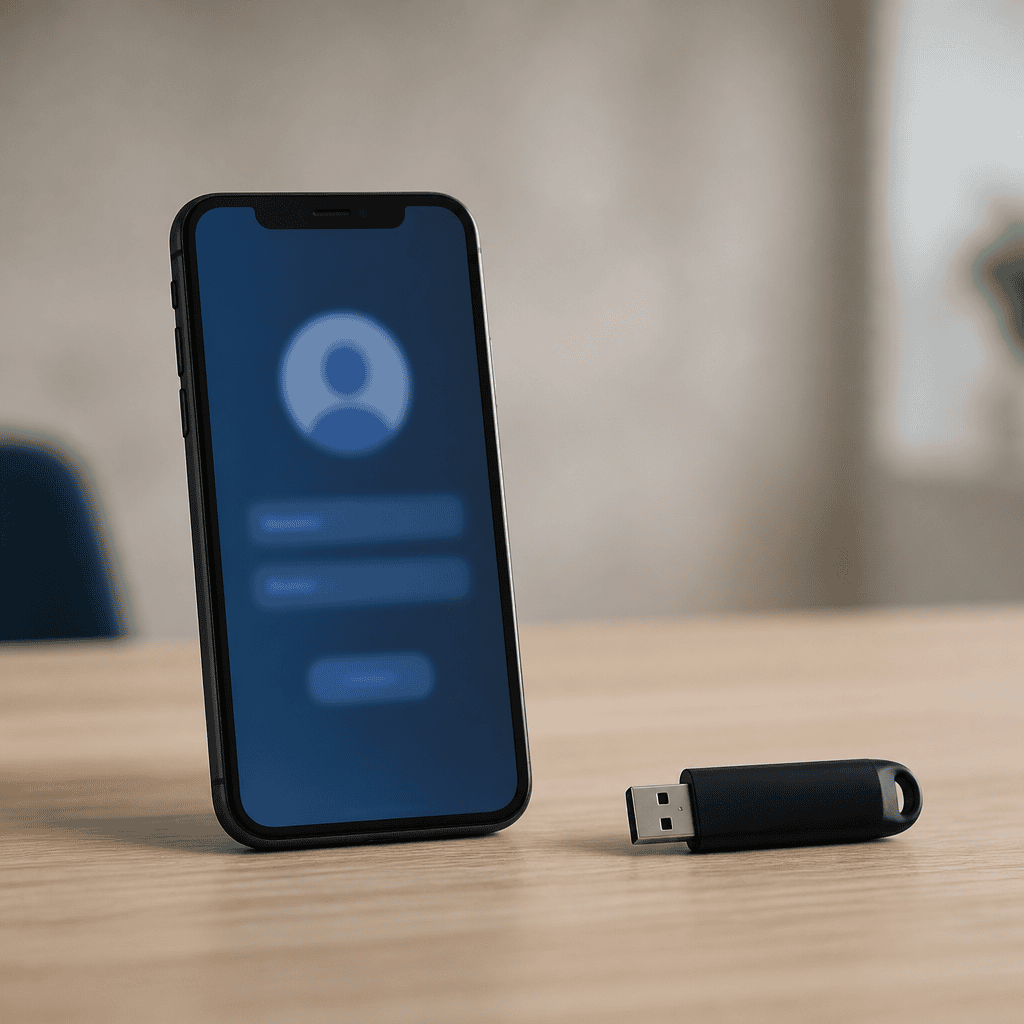 Smartphone com tela de login ao lado de um token de certificado digital ICP-Brasil sobre a mesa