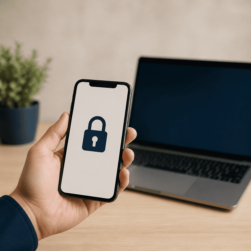 Mão segurando smartphone com ícone de cadeado, representando o uso do certificado digital no celular