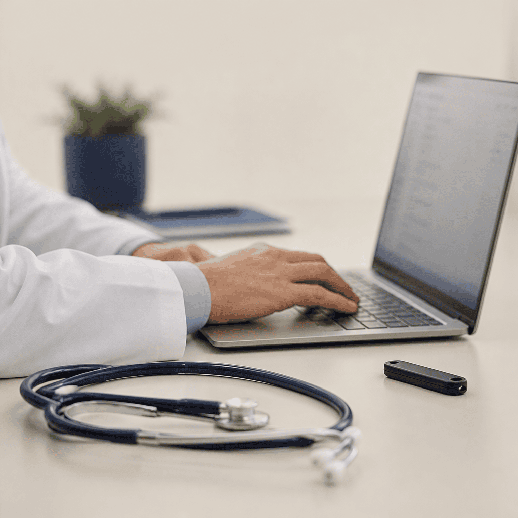 Médico de jaleco usando notebook com estetoscópio e token de certificado digital na mesa do consultório