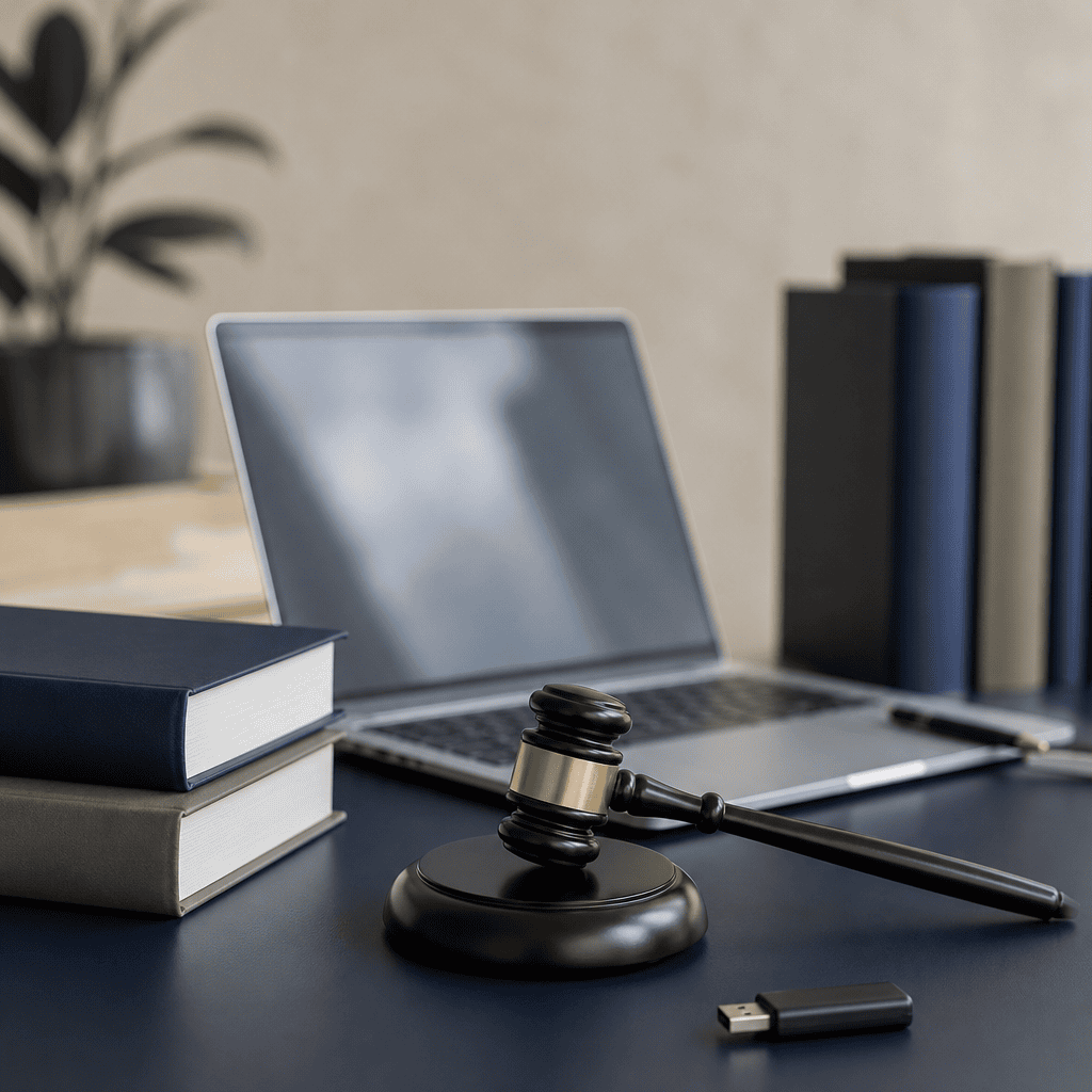 Mesa de advogado com livros jurídicos, martelo, notebook e token de certificado digital para o PJe