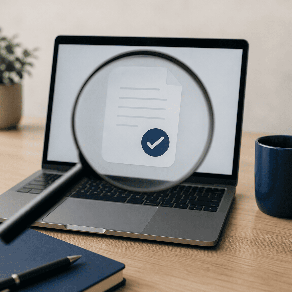 Lupa sobre a tela do notebook com documento e selo de verificação, representando a conferência de assinatura digital
