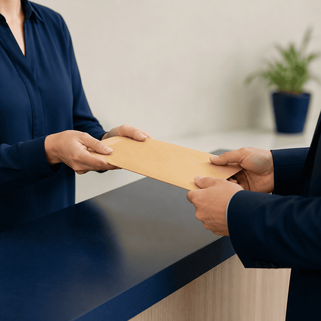 Entrega de envelope em balcão de atendimento, representando a dúvida sobre retirada do certificado digital por terceiros