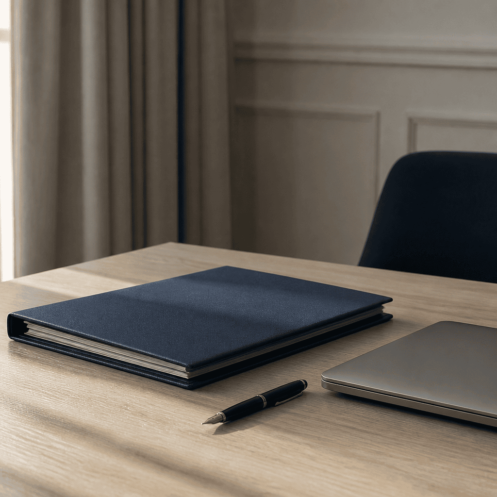 Pasta de documentos, caneta e notebook fechado sobre a mesa, representando os trâmites após o falecimento do titular