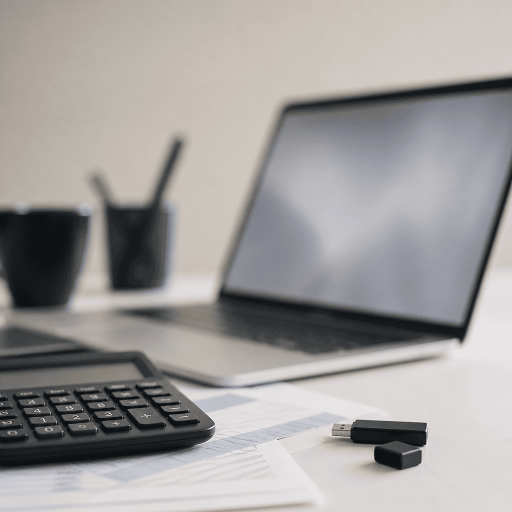Calculadora, papéis e notebook com token de certificado digital, representando a declaração do Imposto de Renda