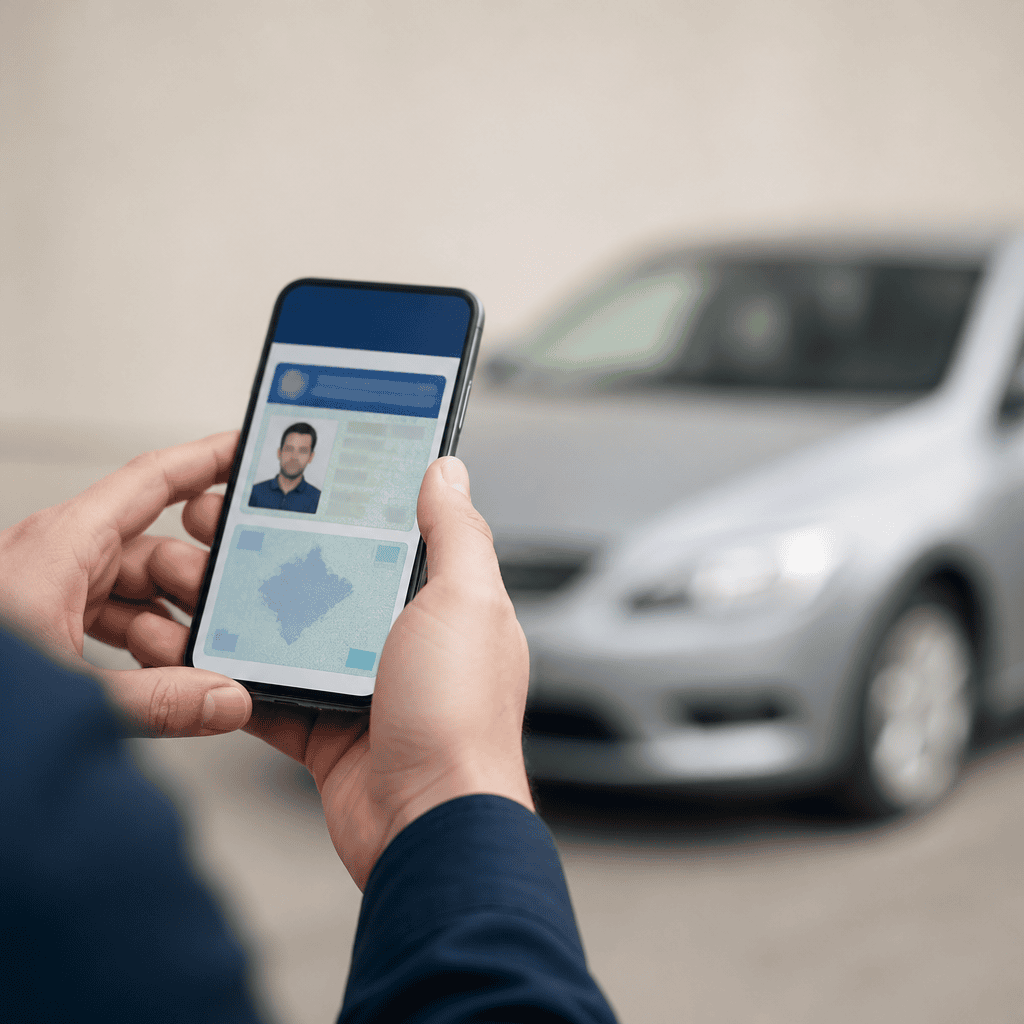 Mãos seguram um smartphone exibindo a tela de um aplicativo de carteira de motorista digital, com um carro desfocado ao fundo
