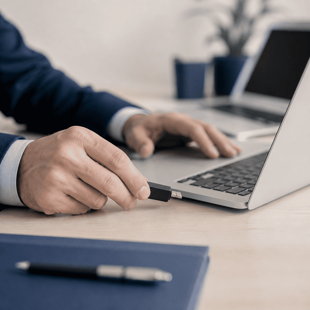 Mãos conectando um token de certificado digital a um notebook, com um segundo computador ao fundo, representando o uso do certificado digital em mais de um computador
