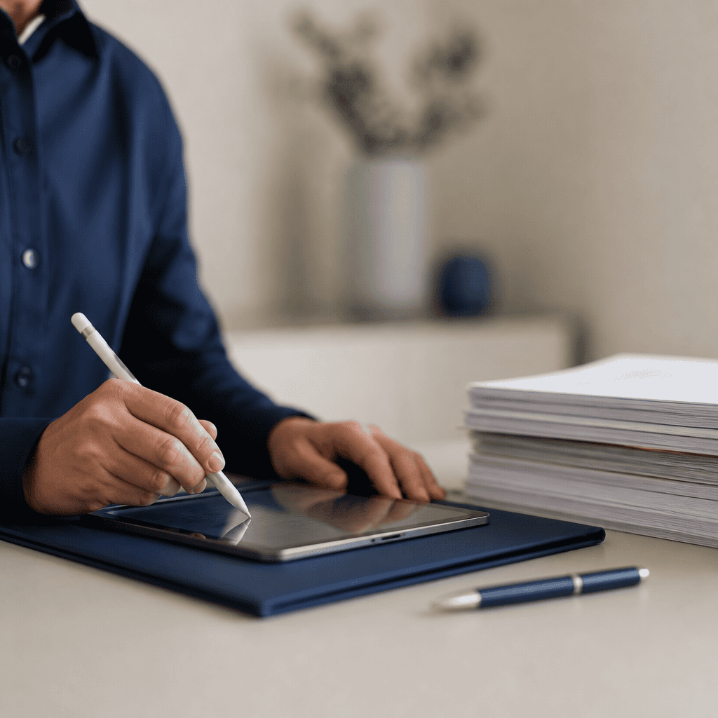 Mãos assinando documento digital em tablet sobre mesa de escritório, representando o uso de certificado digital em processo de inventário extrajudicial