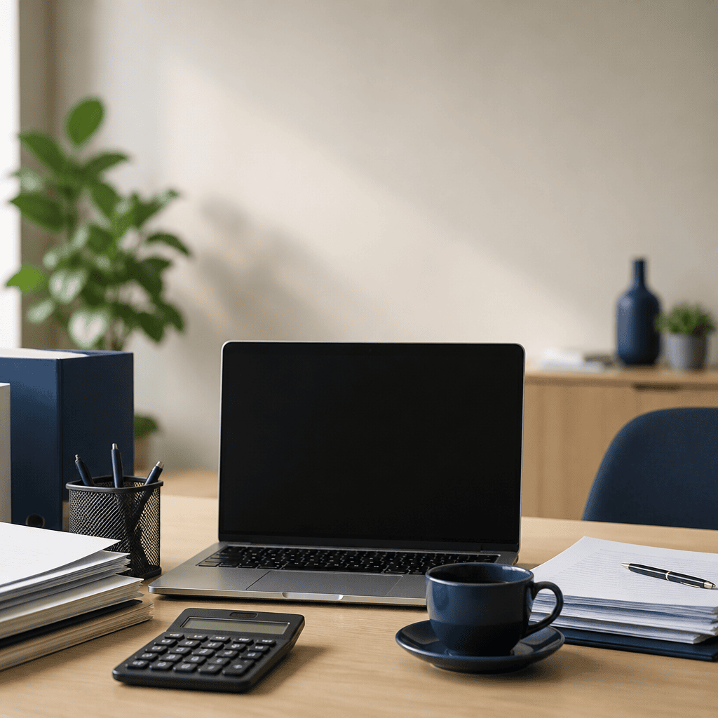 Mesa de escritório de pequena empresa com notebook, calculadora e papéis organizados, representando a rotina administrativa de uma empresa do Simples Nacional