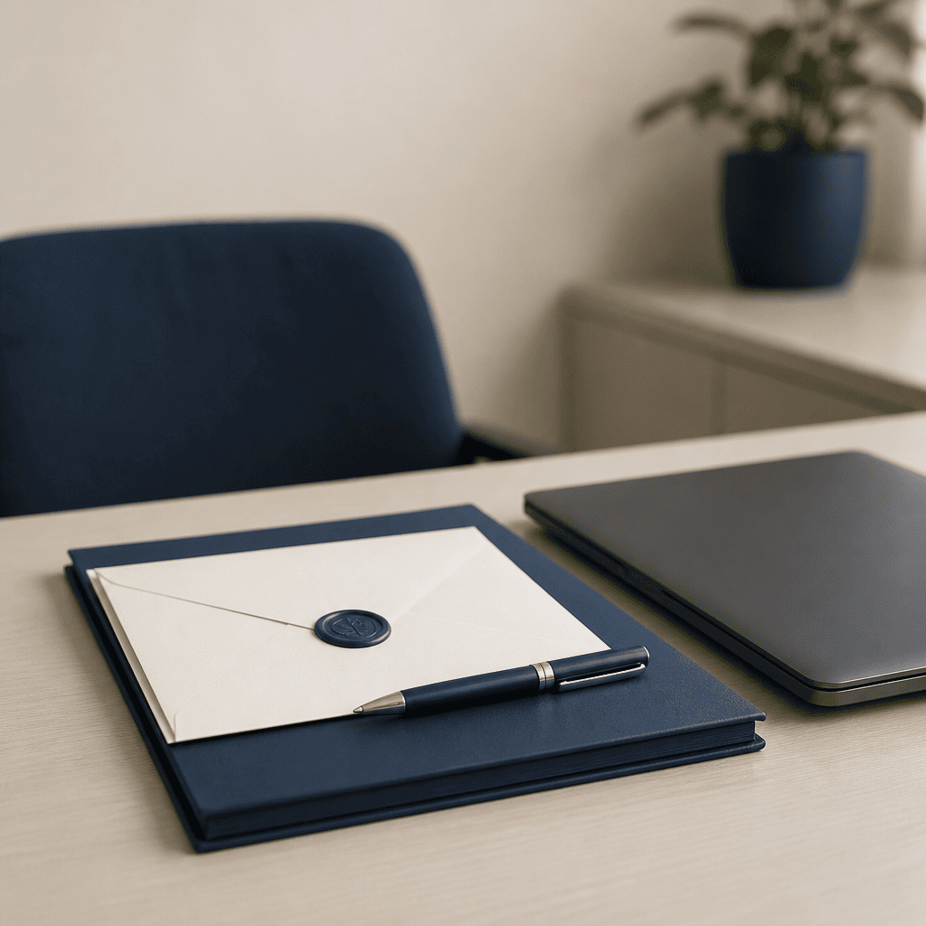 Mesa de escritório público com envelope de nomeação, caneta e notebook fechado, representando o momento de posse em concurso público