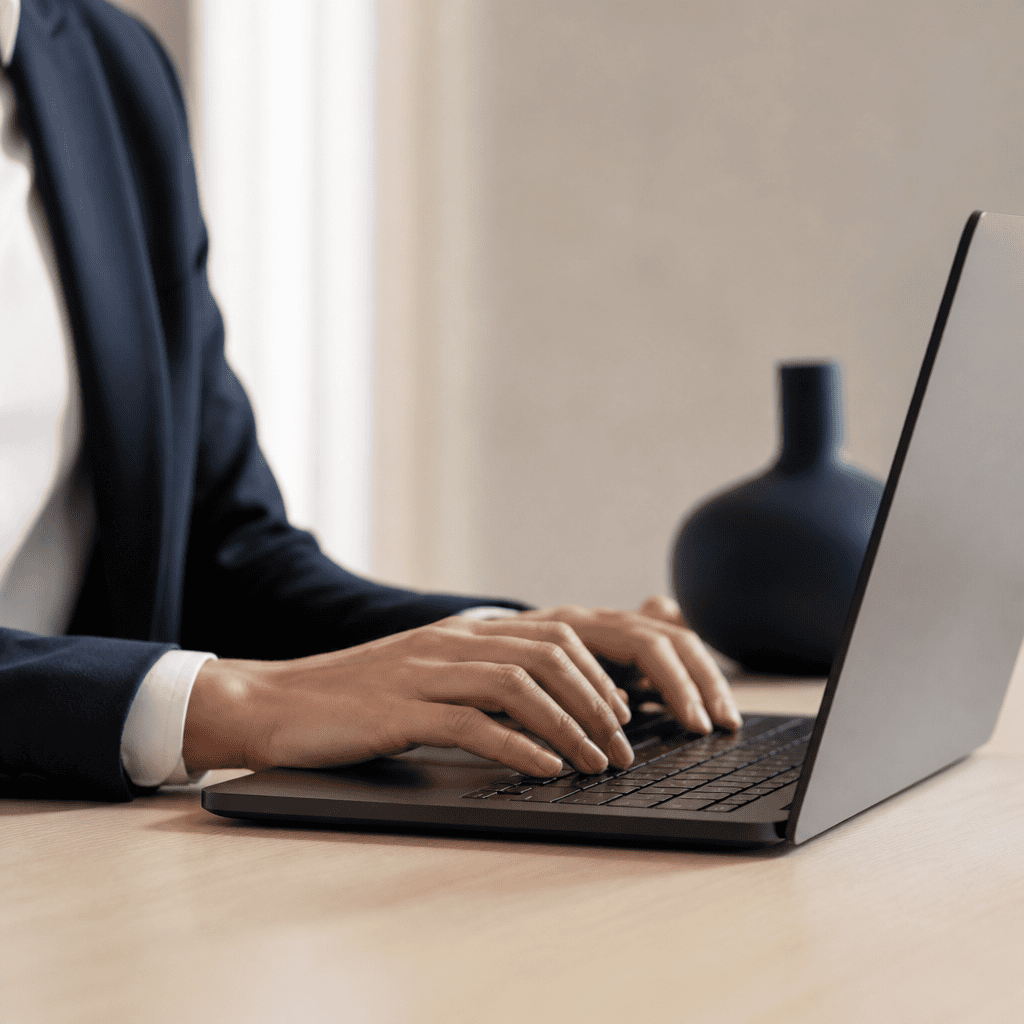 Profissional digitando em notebook em escritório, representando o acesso a sistemas digitais com certificado digital no FGTS Digital