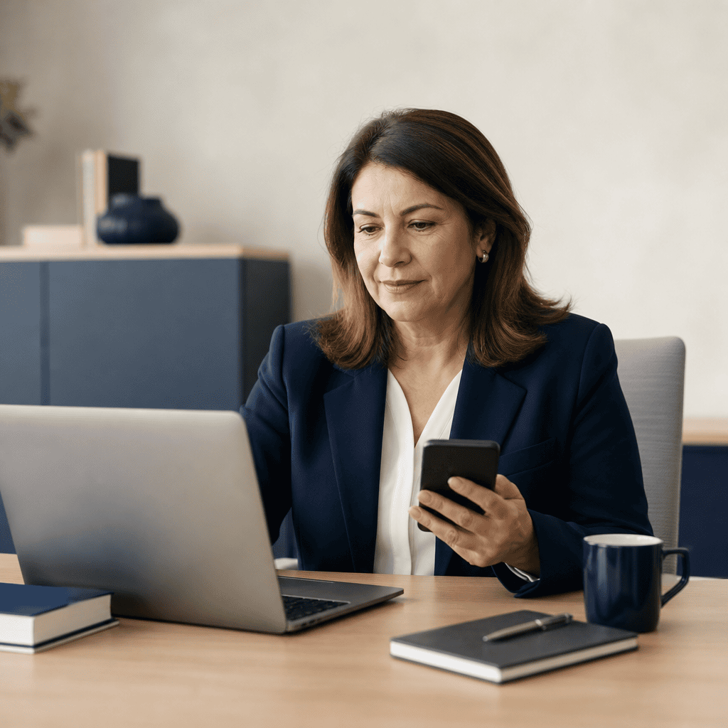 Contadora usando notebook e celular em escritório de contabilidade, consultando sistema do governo para representar cliente